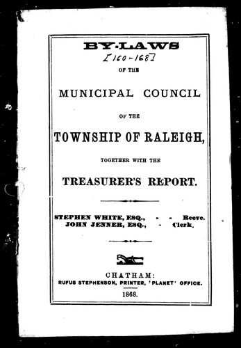 Cover for By-laws of the Municipal Council of the township of Raleigh
