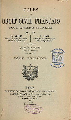 Cover for Cours de droit civil français d'après la méthode de Zachariae