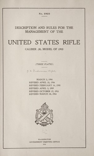 Cover for Description and rules for the management of the U. S. rifle, caliber .30, model of 1903 ...