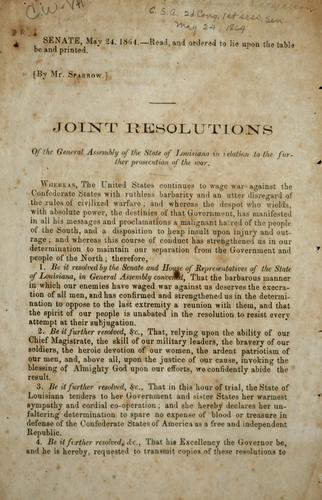Cover for Joint resolutions of the General Assembly of the state of Louisiana in relation to the further prosecution of the war