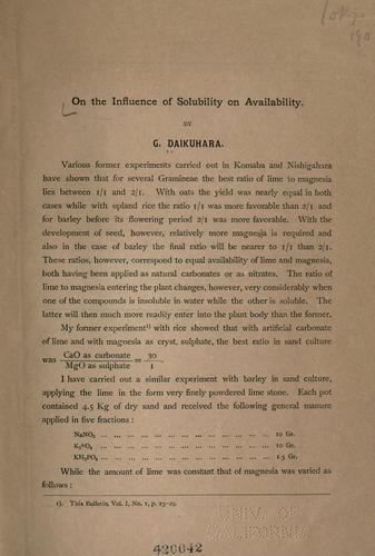 Cover for On the influence of solubility on availability.