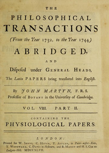 Cover for The philosophical transactions (from the year 1732, to the year 1744) abridged, and disposed under general heads