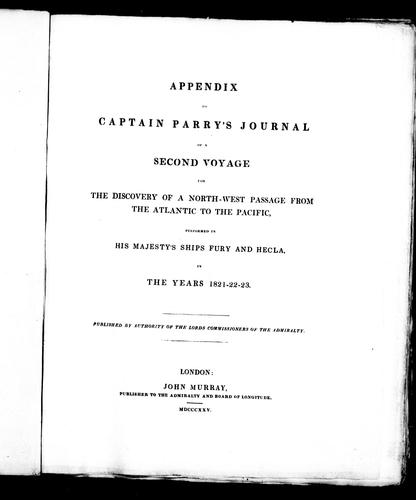 Cover for Appendix [to] Captain Parry's journal [of a] second voyage [for] the discovery of a North West passage from the Atlantic to the Pacific