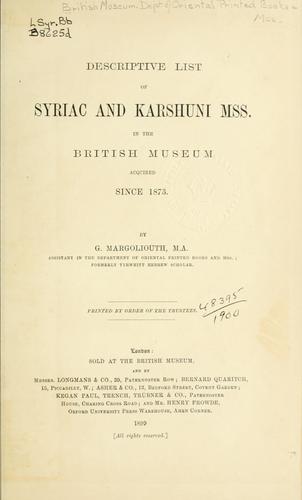 Cover for Descriptive list of Syriac and Karshuni mss. in the British museum acquired since 1873.