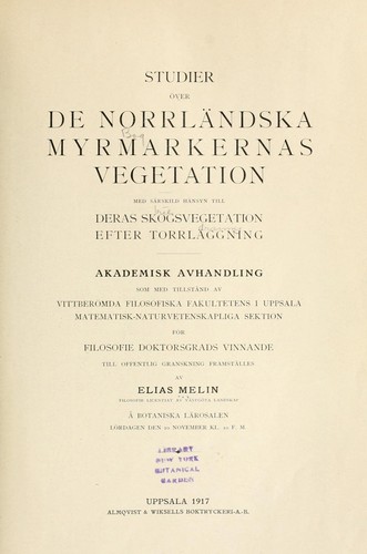 Cover for Studier över de norrländska myrmarkernas vegetation