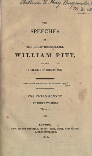 Cover for The speeches of the Right Honourable William Pitt, in the House of commons.