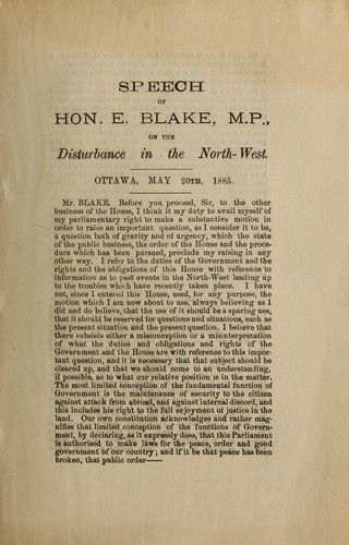 Cover for Speech of Hon. E. Blake, M.P., on the disturbance in the North-West