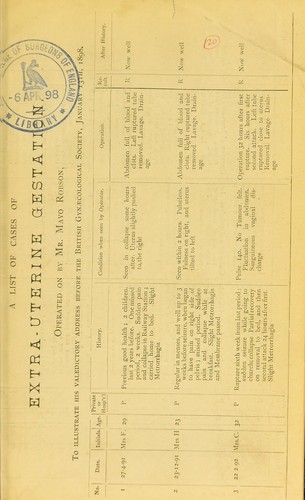 Cover for A list of cases of extra-uterine gestation, operated on by Mr. Mayo Robson, to illustrate his valedictory address before the British Gynaecological Society, January 13th, 1898