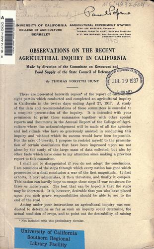 Cover for Observations on the recent agricultural inquiry in California