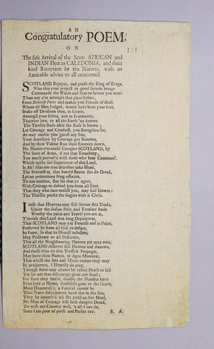 Cover for An congratulatory poem, on the safe arrival of the Scots African and Indian fleet in Caledonia, and their kind reception by the natives, with an amicable advice to all concerned..
