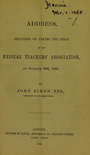 Cover for Address delivered on taking the chair at the Medical Teachers' Association, on January 20th, 1868