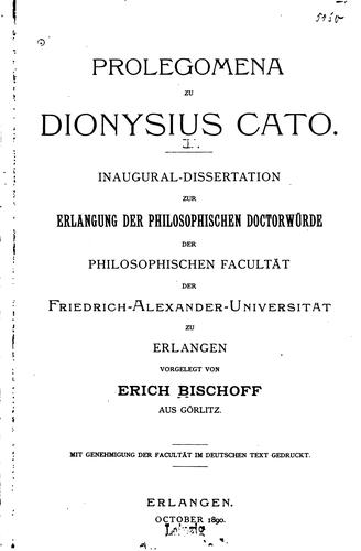 Cover for Prolegomena zu Dionysius Cato