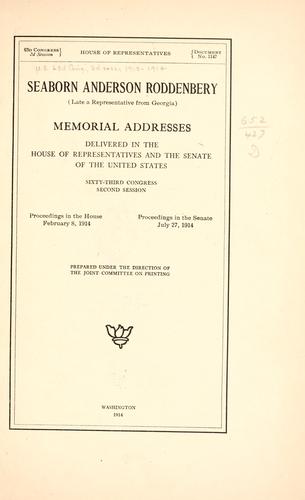 Cover for Seaborn Anderson Roddenbery (late a representative from Georgia)
