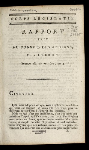 Cover for Rapport fait au Conseil des anciens, par Lebrun