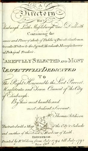 Cover for A directory for Edinburgh Leith Mussleburgh and Dalkeith containing the names and places of abode of public & private gentlemen, advocates, Writers to the Signet, merchants, manufacturers and principal trader's [sic].