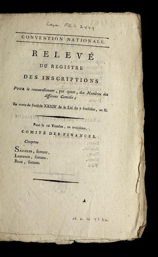Cover for ... Releve  du registre des inscriptions pour le renouvellement, par quart, des membres des diffe rens comite s