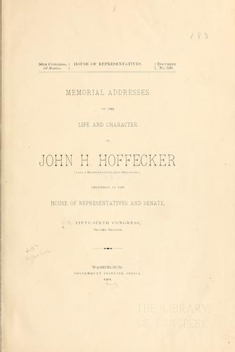 Cover for Memorial addresses on the life and character of John H. Hoffecker (late a representative from Delaware)
