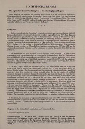 Cover for Reply by the Government to the fifth report from the Agriculture Committee, session 1999-2000, "The Government's proposals for organophosphate sheep dips"(HC 425).