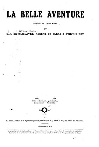 Cover for La belle aventure: comédie en trois actes