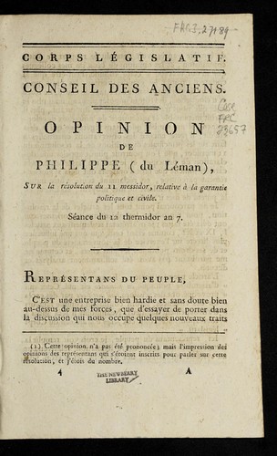 Cover for Opinion de Philippe (du Le man), sur la re solution du 11 messidor, relative a   la garantie politique et civile