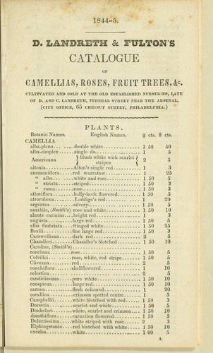 Cover for D. Landreth & Fulton's catalogue of camellias, roses, fruit trees, &c