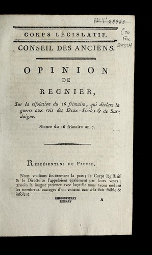 Cover for Opinion de Regnier, sur la re solution du 16 frimaire, qui de clare la guerre aux rois des Deux-Siciles & de Sardaigne