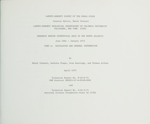 Cover for Underway marine geophysical data in the North Atlantic, June 1961-January 1971