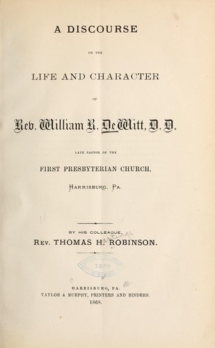 Cover for A discourse on the life and character of Rev. William R. DeWitt