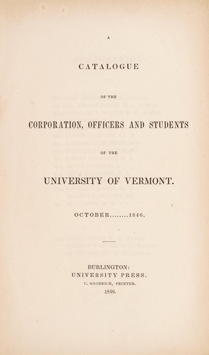 Cover for A catalogue of the corporation, officers and students of the University of Vermont. October--1846