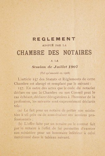 Cover for Reglement adopté par la Chambre des Notaires a la session de Juillet 1907