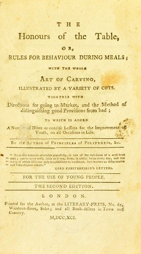 Cover for The honours of the table, or, Rules for behaviour during meals