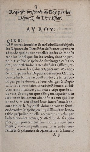 Cover for Requeste presentee au roy, par les députez du Tiers Estat