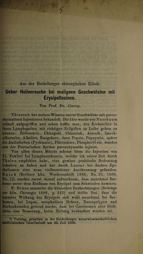 Cover for Ueber Heilversuche bei malignen Geschwülsten mit Erysipeltoxinen