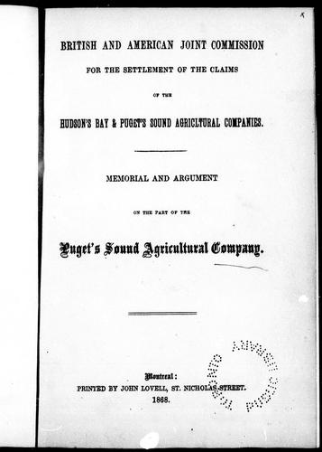Cover for Memorial and argument on the part of the Hudson's Bay Company