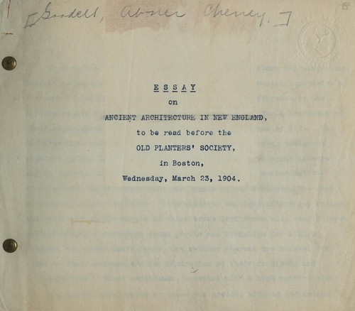 Cover for Essay on ancient architecture in New England, to be read before the Old Planters' Society, in Boston, Wednesday, March 23, 1904