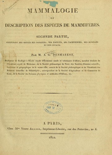 Cover for Mammalogie, ou, Description des espèces de mammifères