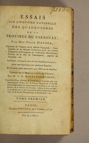 Cover for Essais sur l'histoire naturelle des quadrupedes de la province du Paraguay