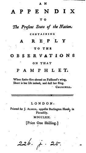 Cover for An Appendix to The Present State of the Nation: Containing a Reply to the Observations on that ...