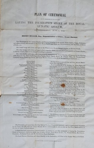 Cover for Plan of ceremonial to be observed on occasion of laying the foundation stone of the Royal Lunatic Asylum, on Wednesday, June 1, 1842