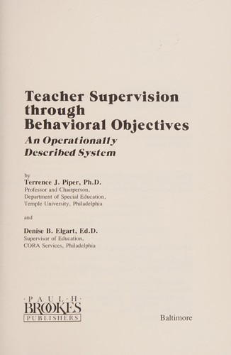 Cover for Teacher supervision through behavioral objectives