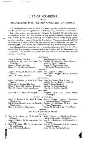 Cover for Souvenir Nineteenth Annual Congress of the Association for the Advancement of Women Invited ...