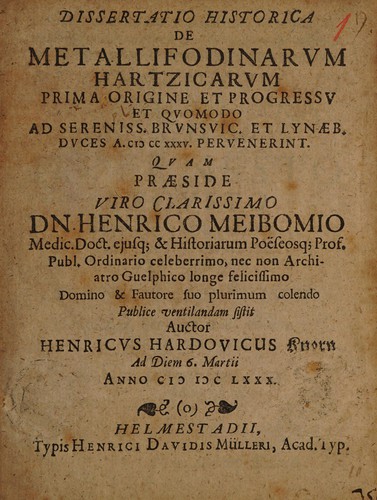 Cover for Dissertatio historica de metallifodinarvm hartzicarvm prima origine et progressv et qvomodo ad Sereniss