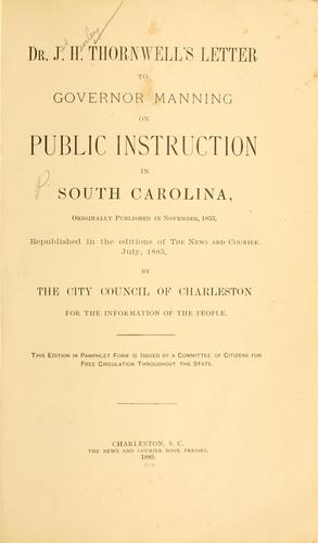 Cover for Dr. J. H. Thornwell's letter to Governor Manning in public instruction in South Carlolina