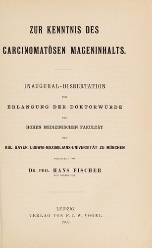 Cover for Zur Kenntnis des carcinomatösen Mageninhalts ...