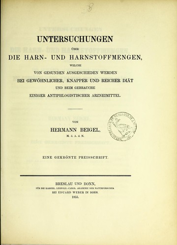Cover for Untersuchungen über die Harn- und Harnstoffmengen