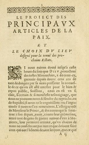 Cover for Le proiect des principavx articles de la paix, et le choix dv liev designé pour la tenuë des prochains Estats.