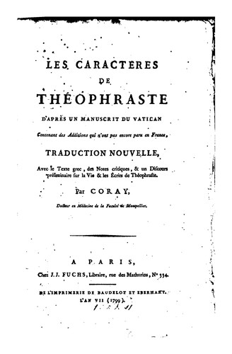 Cover for Les caracteres de Théophraste: d'après un manuscrit du Vatican