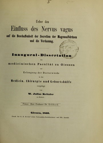 Cover for Ueber den Einfluss des Nervus vagus auf die Beschaffenheit der Secretion der Magensaftdrüsen und die Verdauung