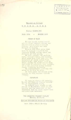Cover for Special or orchard price list