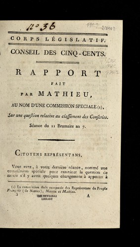 Cover for Rapport fait par Mathieu, au nom d'une commission spe ciale, sur une question relative au classement des conscrits